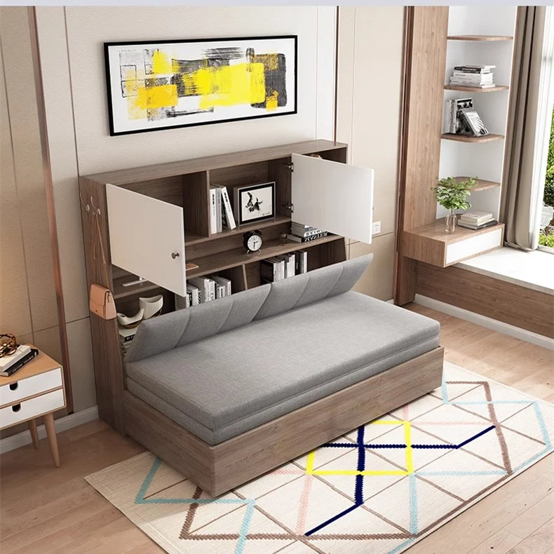 Schlafsofa mit Stauraum darunter und Bücherregal