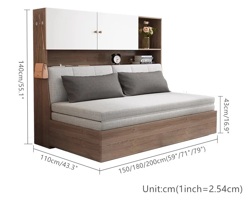 Schlafsofa mit Stauraum darunter und Bücherregal