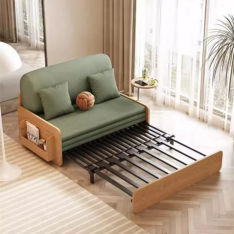 Ausziehbares Schlafsofa aus Cordstoff im Japandi-Log-Stil mit drehbarer Armlehnenablage und Stauraum