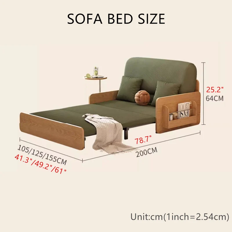 Ausziehbares Schlafsofa aus Cordstoff im Japandi-Log-Stil mit drehbarer Armlehnenablage und Stauraum