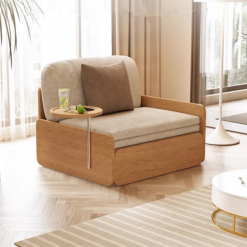 Ausziehbares Schlafsofa im Japandi-Holzblockstil mit drehbarer Armlehnenablage und Stauraum