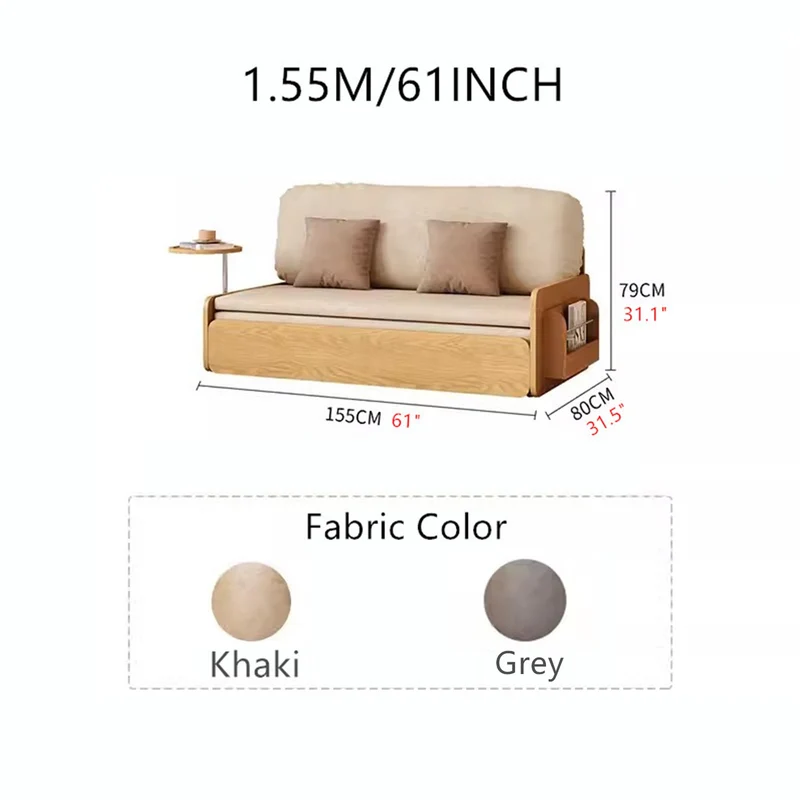 Ausziehbares Schlafsofa im Japandi-Holzblockstil mit drehbarer Armlehnenablage und Stauraum