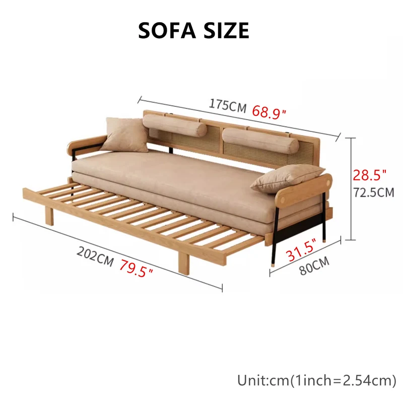 Japandi-Sofabett aus massivem Holz mit Rattan-Rückenstütze