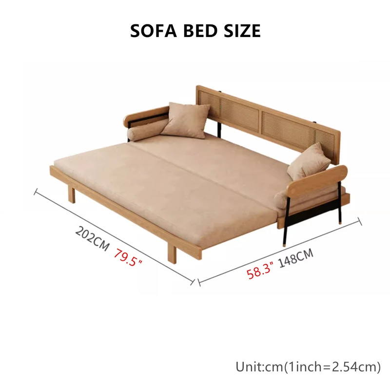 Japandi-Sofabett aus massivem Holz mit Rattan-Rückenstütze