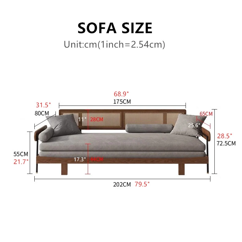 Japandi-Sofabett aus massivem Holz mit Rattan-Rückenstütze