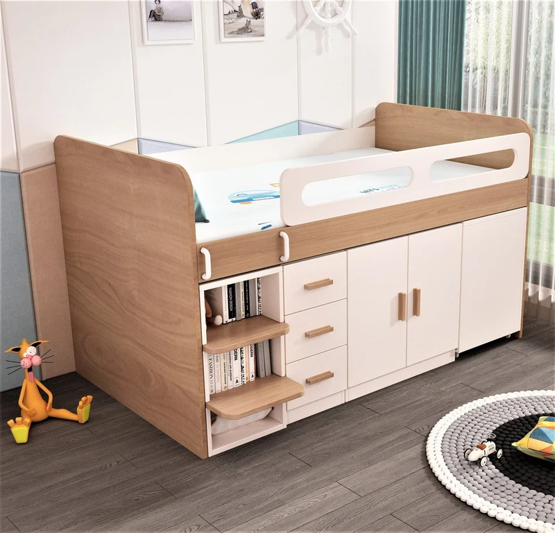 Kinder-Hochbett aus Holz mit kleinem ausziehbarem Schreibtisch sowie Kleiderschrank und Aufbewahrungsschrank