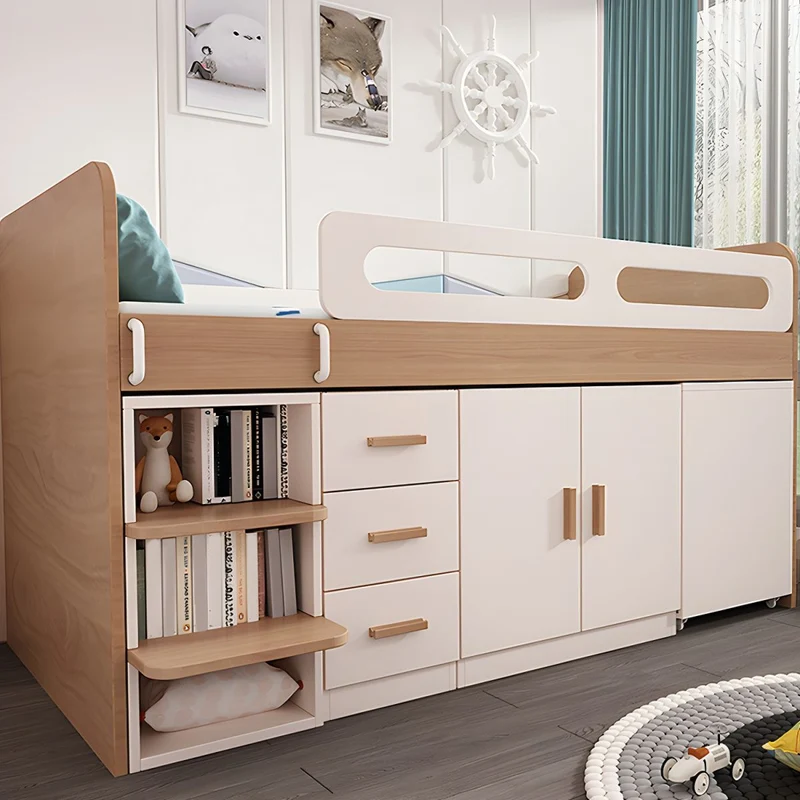 Kinder-Hochbett aus Holz mit kleinem ausziehbarem Schreibtisch sowie Kleiderschrank und Aufbewahrungsschrank