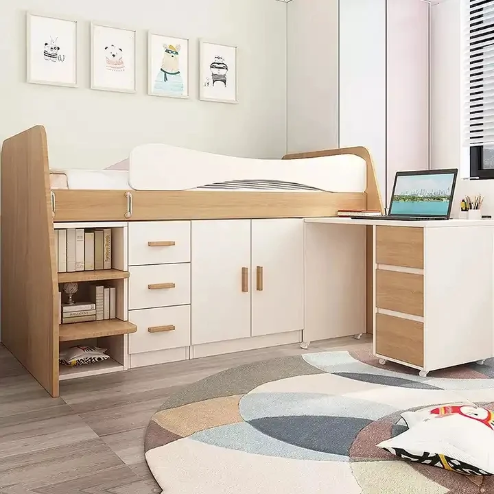 Kinder-Hochbett aus Holz mit kleinem ausziehbarem Schreibtisch sowie Kleiderschrank und Aufbewahrungsschrank