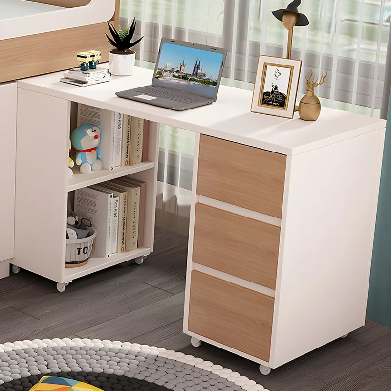 Kinder-Hochbett aus Holz mit kleinem ausziehbarem Schreibtisch sowie Kleiderschrank und Aufbewahrungsschrank