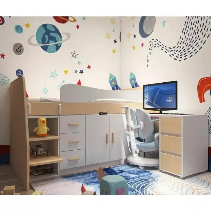 Kinder-Hochbett aus Holz mit kleinem ausziehbarem Schreibtisch sowie Kleiderschrank und Aufbewahrungsschrank