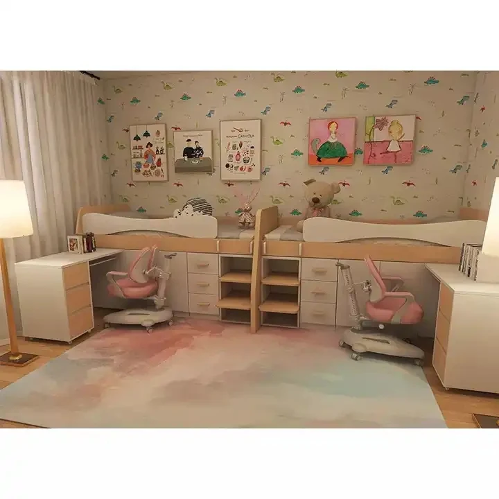 Kinder-Hochbett aus Holz mit kleinem ausziehbarem Schreibtisch sowie Kleiderschrank und Aufbewahrungsschrank