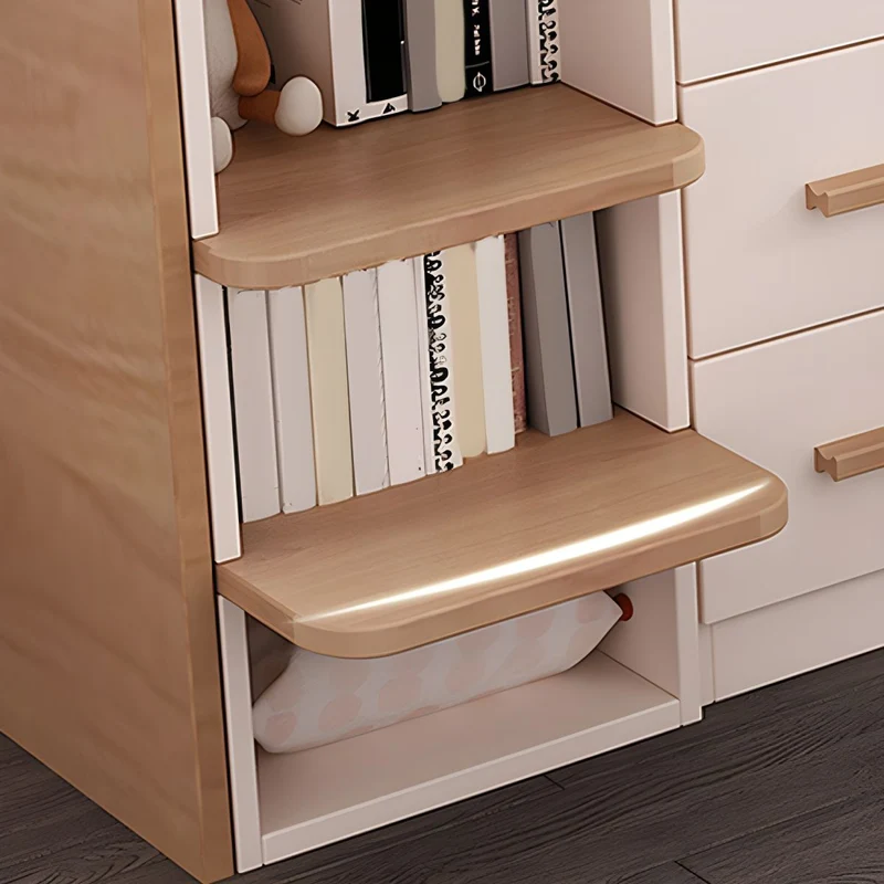 Kinder-Hochbett aus Holz mit kleinem ausziehbarem Schreibtisch sowie Kleiderschrank und Aufbewahrungsschrank
