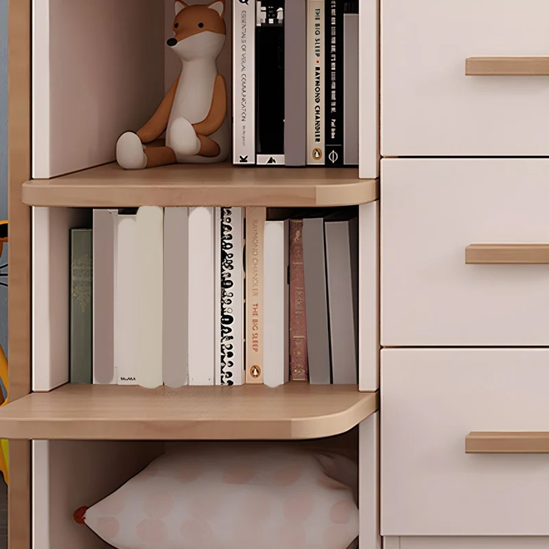 Kinder-Hochbett aus Holz mit kleinem ausziehbarem Schreibtisch sowie Kleiderschrank und Aufbewahrungsschrank