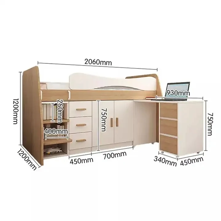 Kinder-Hochbett aus Holz mit kleinem ausziehbarem Schreibtisch sowie Kleiderschrank und Aufbewahrungsschrank