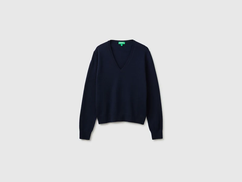 Blauer V-Ausschnitt-Pullover aus reiner Merinowolle