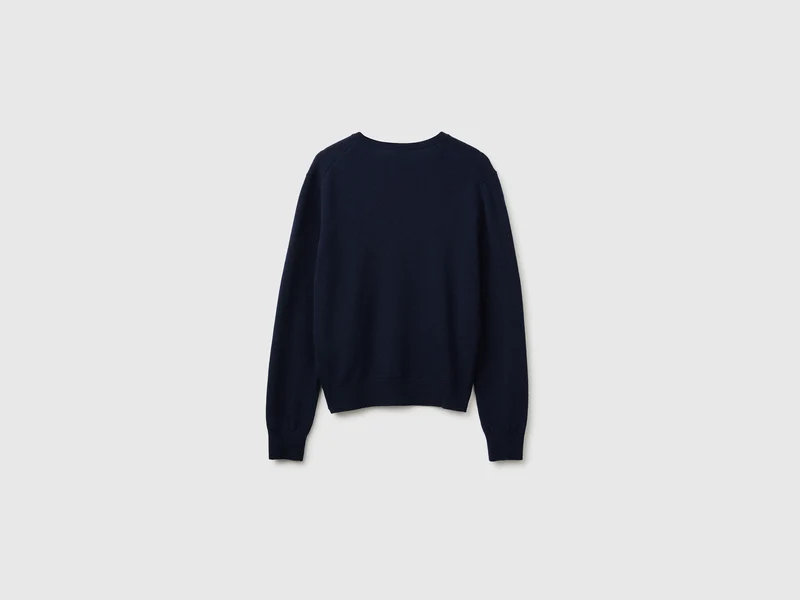 Blauer V-Ausschnitt-Pullover aus reiner Merinowolle