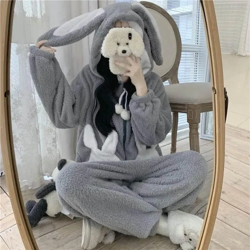 Cozy Bunny Hooded Fleece Jumpsuit Pajamas - Warm Loungewear
