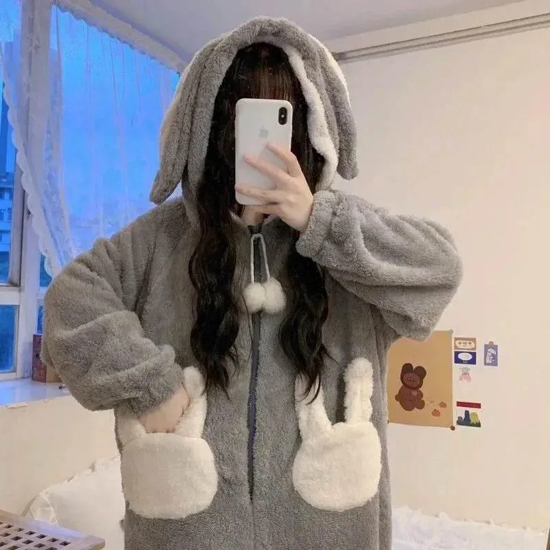 Cozy Bunny Hooded Fleece Jumpsuit Pajamas - Warm Loungewear