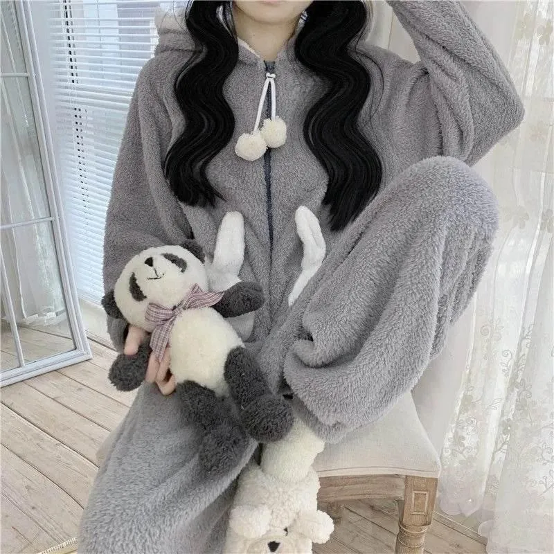Cozy Bunny Hooded Fleece Jumpsuit Pajamas - Warm Loungewear