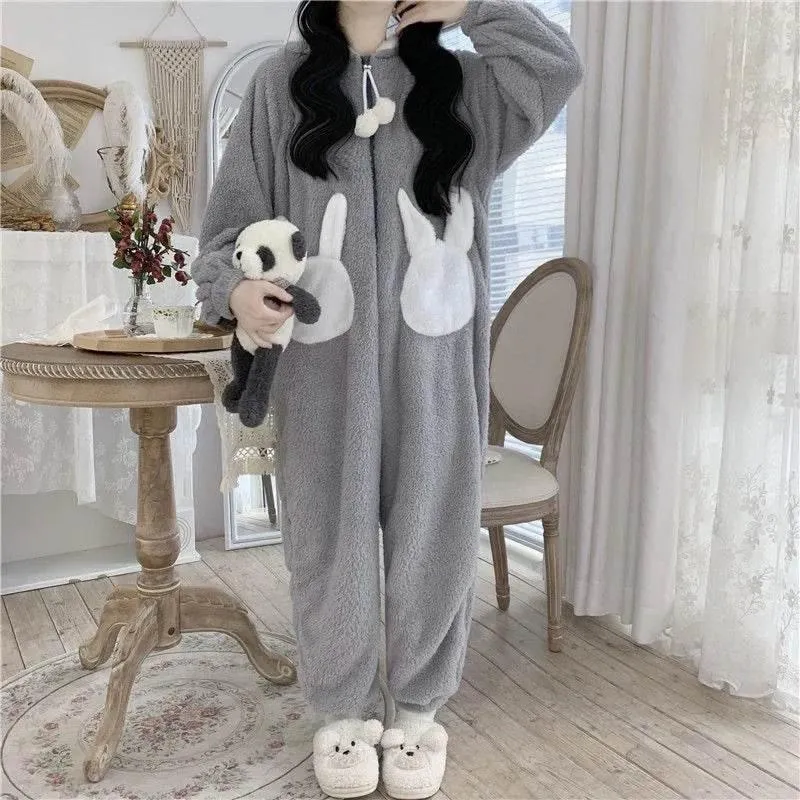 Cozy Bunny Hooded Fleece Jumpsuit Pajamas - Warm Loungewear