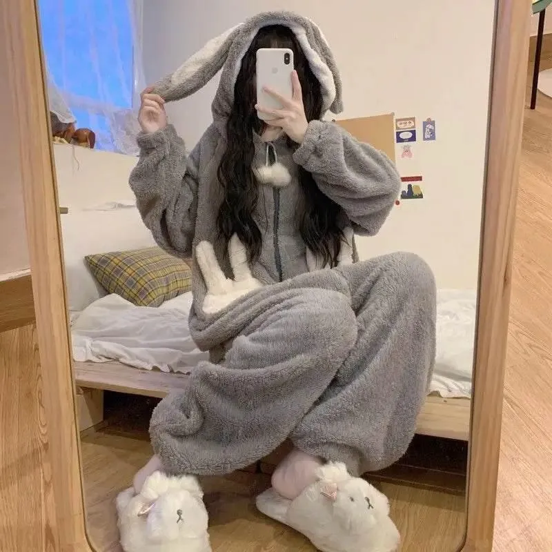 Cozy Bunny Hooded Fleece Jumpsuit Pajamas - Warm Loungewear