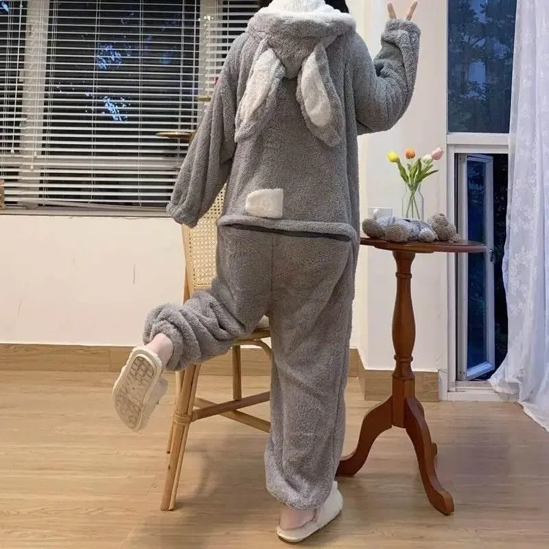 Cozy Bunny Hooded Fleece Jumpsuit Pajamas - Warm Loungewear
