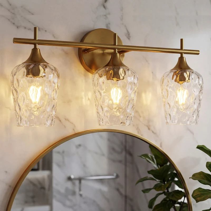 Tribesigns 3-flammige LED-Bad-Wandleuchte Gold mit Strukturglas, E27 Spiegelleuchte