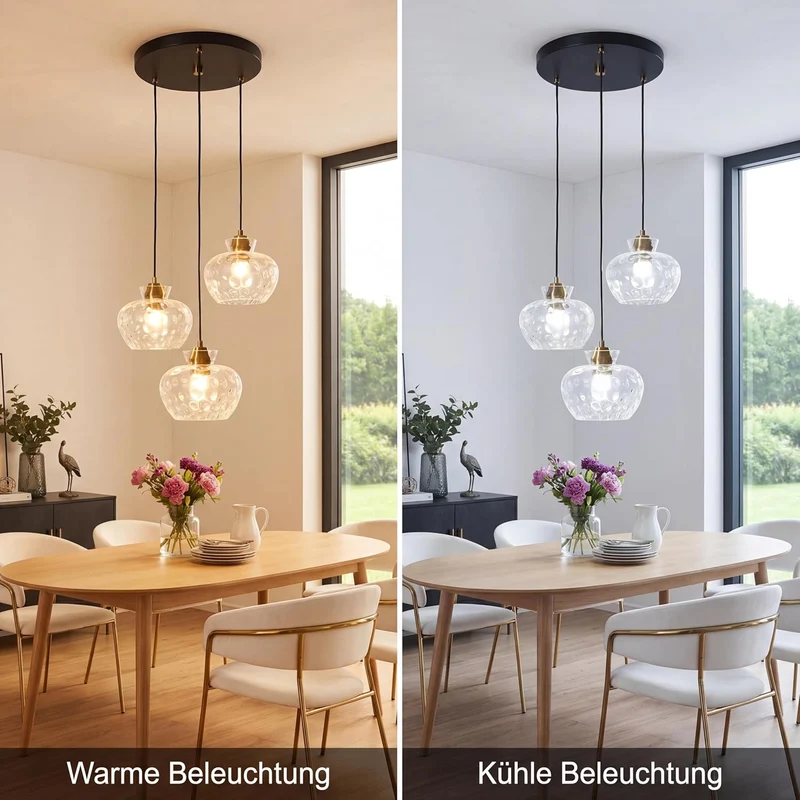 Tribesigns Pendelleuchte 3-flammig mit Strukturglas, Höhenverstellbare Hängelampe, E27
