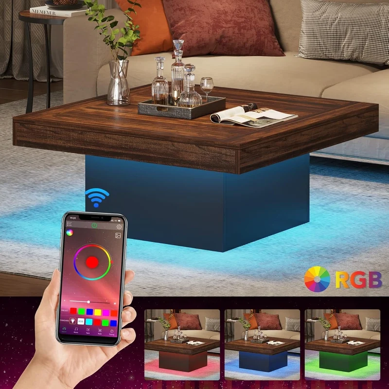 Tribesigns LED-Couchtisch Quadratisch 90 cm, Moderner Wohnzimmertisch im Landhausstil