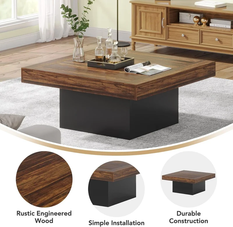 Tribesigns LED-Couchtisch Quadratisch 90 cm, Moderner Wohnzimmertisch im Landhausstil