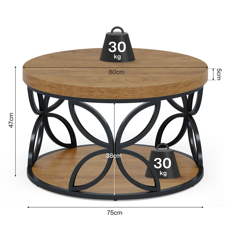 Runder 80 cm Couchtisch mit Stauraum, 2-Ebenen Wohnzimmertisch in Rustikaler Holzoptik und schwarzem Metall