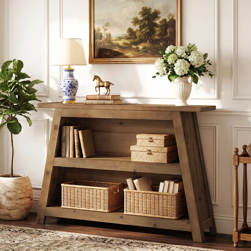 Tribesigns Massivholz Konsolentisch 120 cm, 3-stöckiger Flurtisch im Landhausstil mit Ablagen