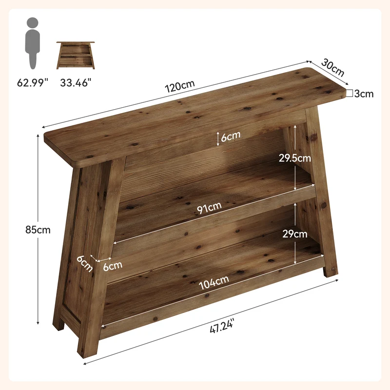 Tribesigns Massivholz Konsolentisch 120 cm, 3-stöckiger Flurtisch im Landhausstil mit Ablagen