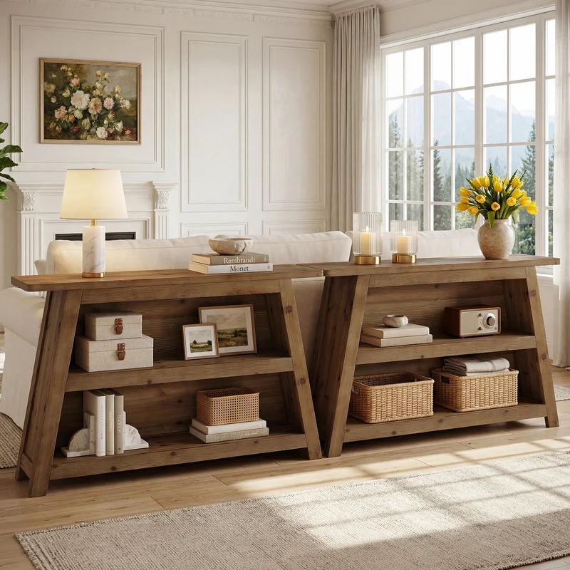 Tribesigns Massivholz Konsolentisch 120 cm, 3-stöckiger Flurtisch im Landhausstil mit Ablagen