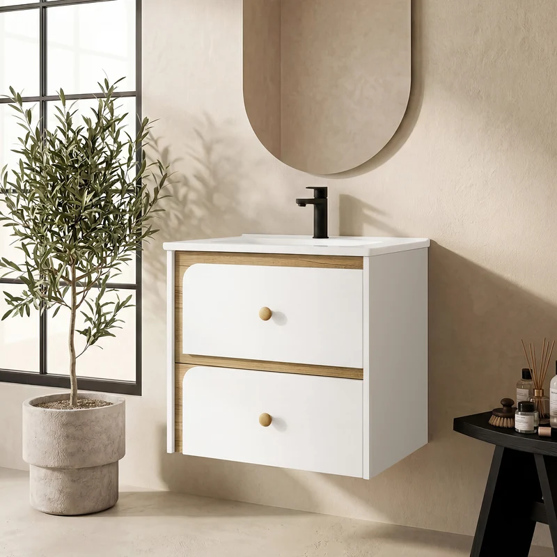 Tribesigns Hängender Waschtisch mit Keramikbecken, Moderner Badschrank wandmontiert mit Soft-Close-Tür
