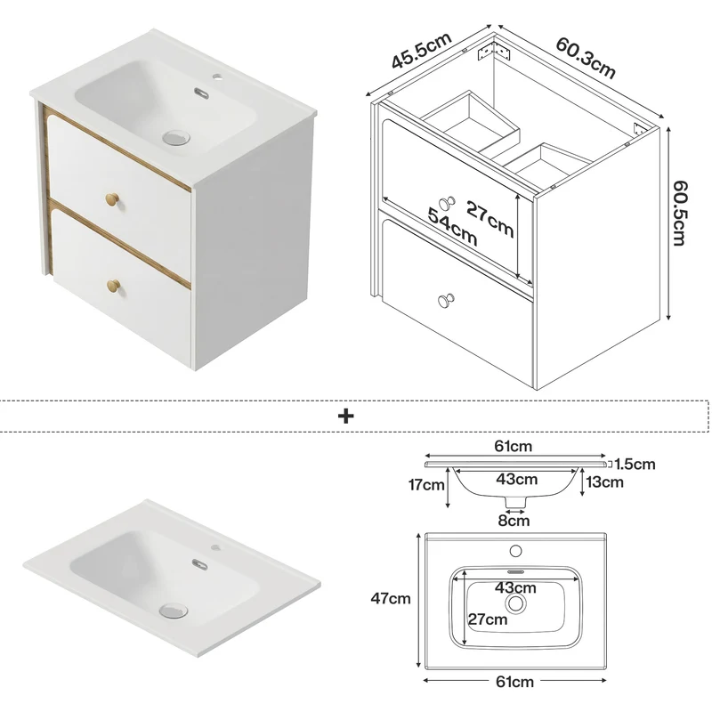 Tribesigns Hängender Waschtisch mit Keramikbecken, Moderner Badschrank wandmontiert mit Soft-Close-Tür