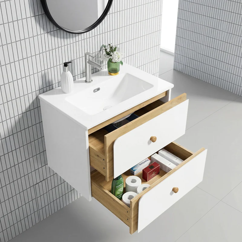 Tribesigns Hängender Waschtisch mit Keramikbecken, Moderner Badschrank wandmontiert mit Soft-Close-Tür
