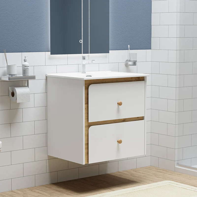 Tribesigns Hängender Waschtisch mit Keramikbecken, Moderner Badschrank wandmontiert mit Soft-Close-Tür