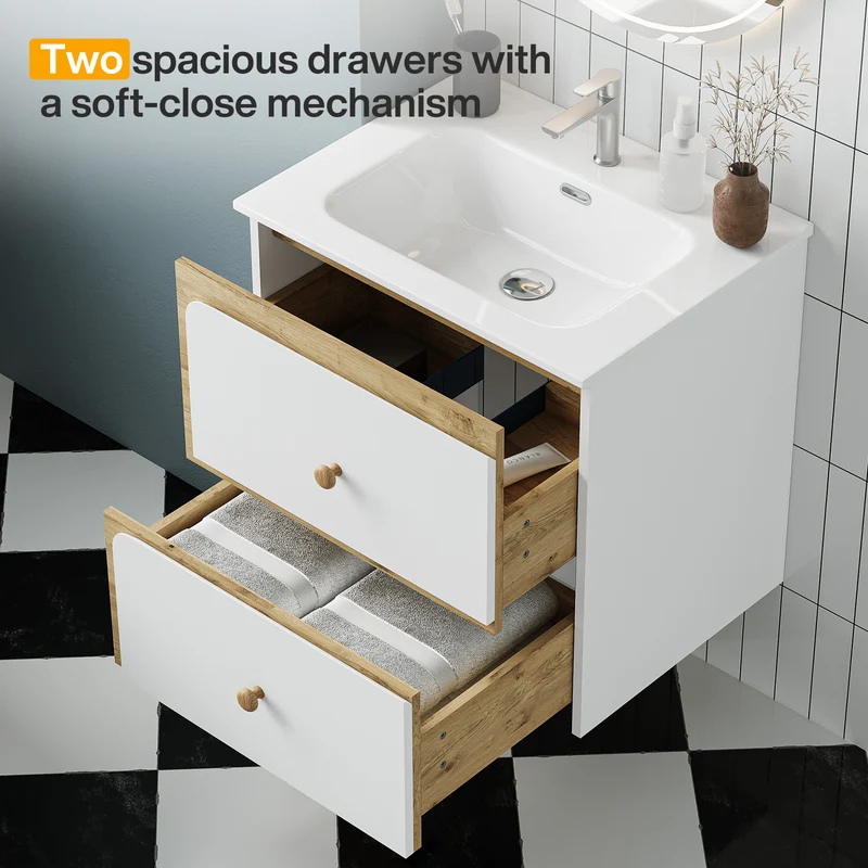 Tribesigns Hängender Waschtisch mit Keramikbecken, Moderner Badschrank wandmontiert mit Soft-Close-Tür