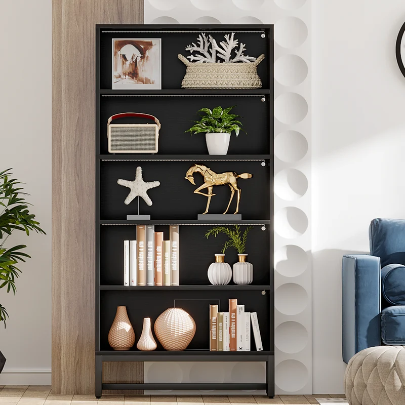 Tribesigns Bücherregal mit LED Beleuchtung, 180 cm Hohes Schwarzes Standregal mit 5 Ebenen