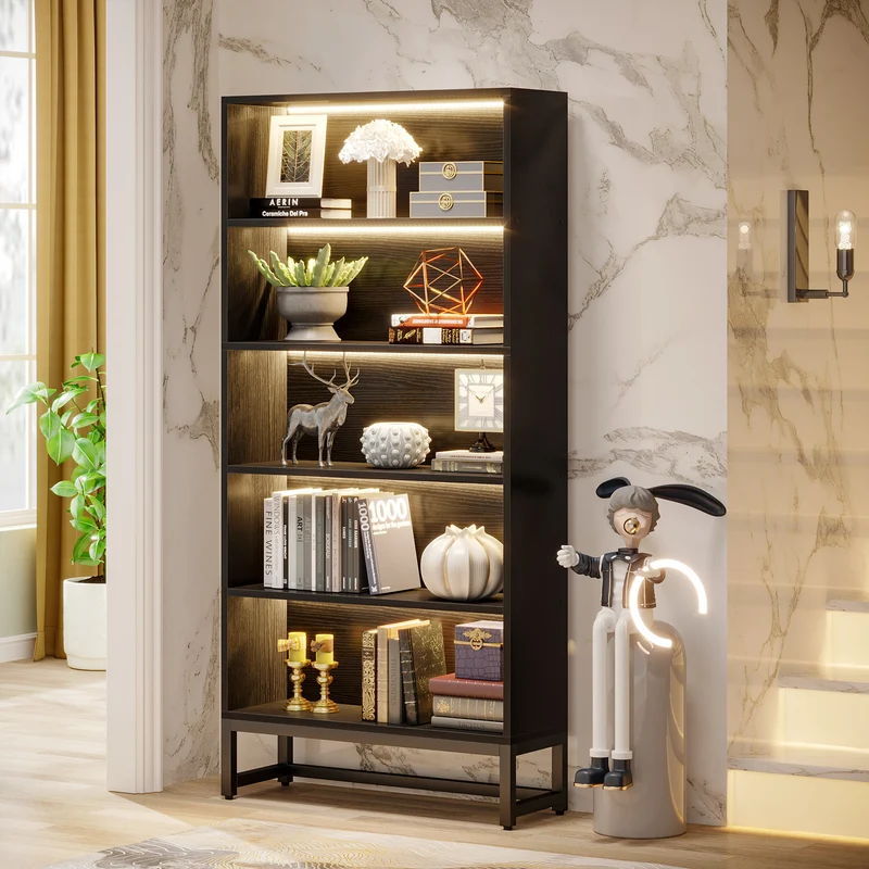 Tribesigns Bücherregal mit LED Beleuchtung, 180 cm Hohes Schwarzes Standregal mit 5 Ebenen
