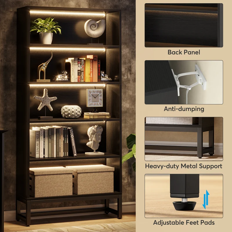 Tribesigns Bücherregal mit LED Beleuchtung, 180 cm Hohes Schwarzes Standregal mit 5 Ebenen