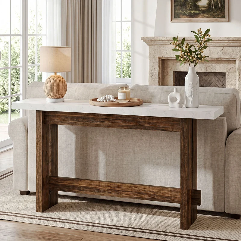 Tribesigns Konsolentisch Landhausstil, 160 cm Flurtisch mit Marmoroptik-Tischplatte