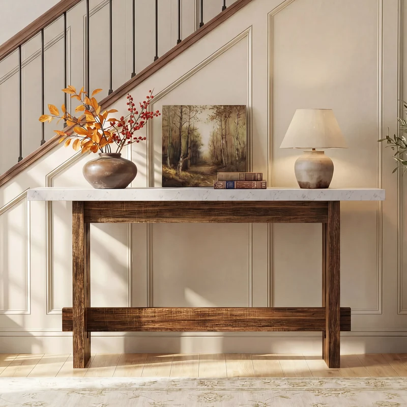 Tribesigns Konsolentisch Landhausstil, 160 cm Flurtisch mit Marmoroptik-Tischplatte