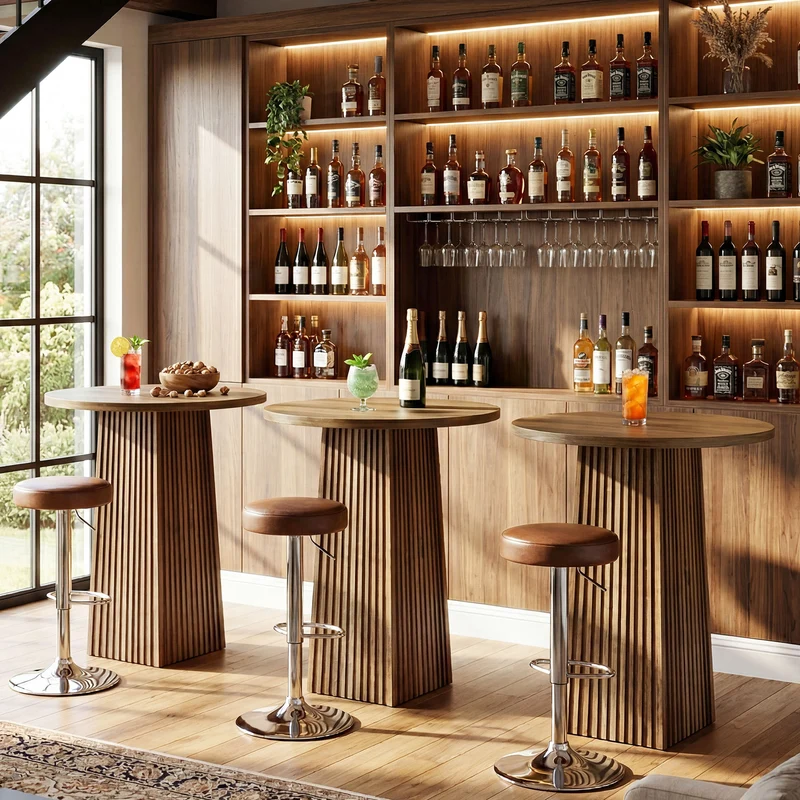 Tribesigns Runder Bartisch, 100 cm hoher Bistro- & Stehtisch mit geriffeltem Säulenfuß