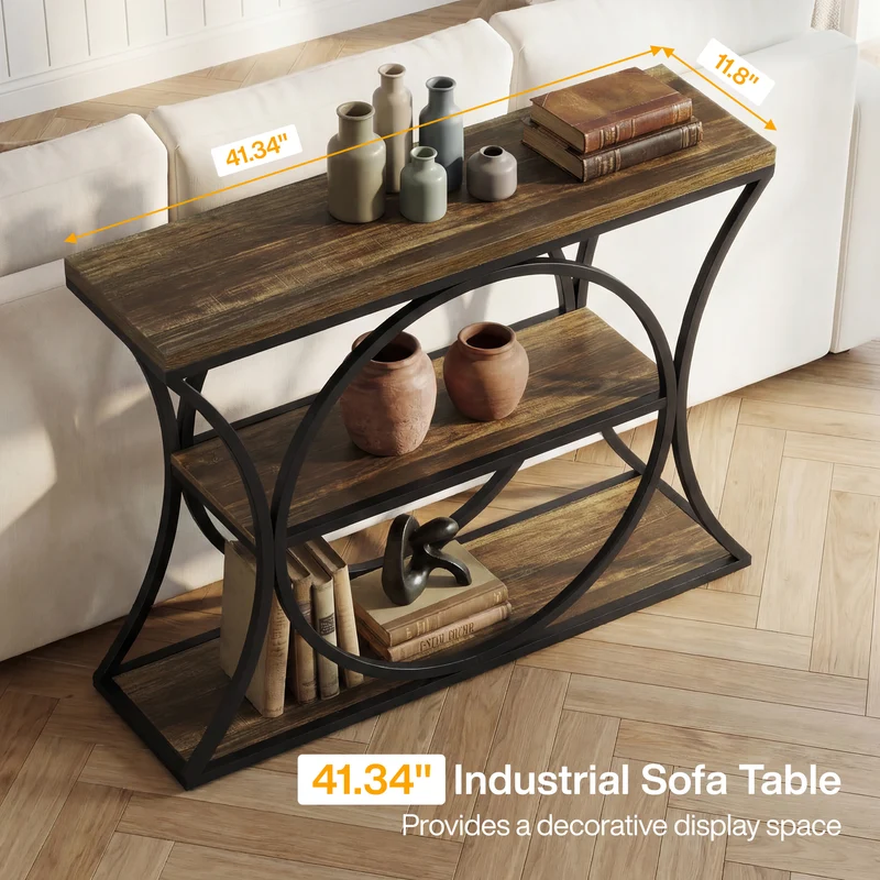 Tribesigns Konsolentisch Industrial, 105 cm schmaler Flurtisch mit 3 Ablagen & Metallbogen-Gestell