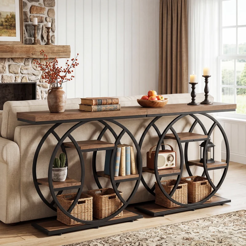 Tribesigns Konsolentisch Industrial, 105 cm Flurtisch mit 4 Ablagen & rundem Metallgestell