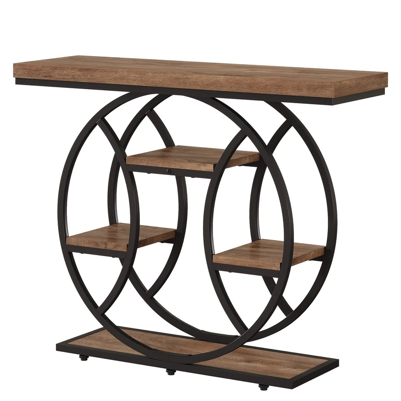 Tribesigns Konsolentisch Industrial, 105 cm Flurtisch mit 4 Ablagen & rundem Metallgestell