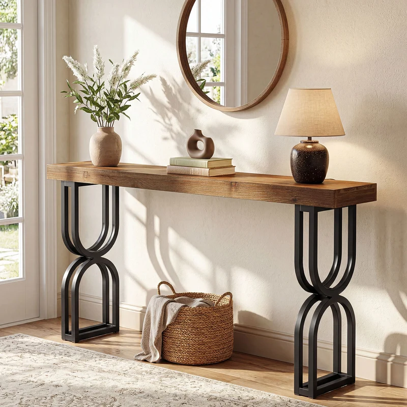 Tribesigns Konsolentisch aus Massivholz, 150 cm schmaler Flurtisch im Industrial-Stil mit U-förmigen Metallbeinen