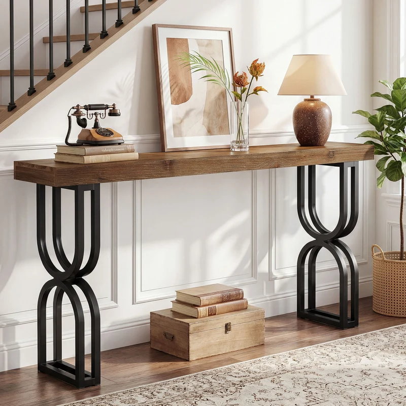 Tribesigns Konsolentisch aus Massivholz, 150 cm schmaler Flurtisch im Industrial-Stil mit U-förmigen Metallbeinen